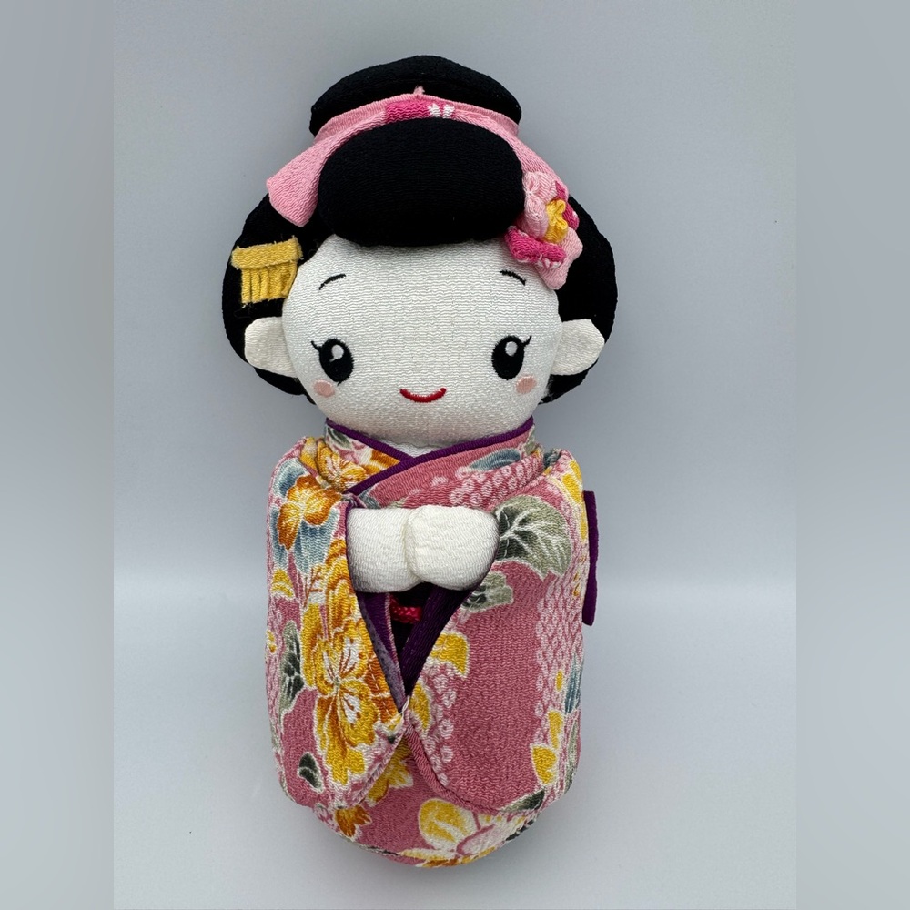 Japanese‎ Geisha Doll Sakura Kimono Chirimen Fabric Doll Pink Japan 9” Handmade